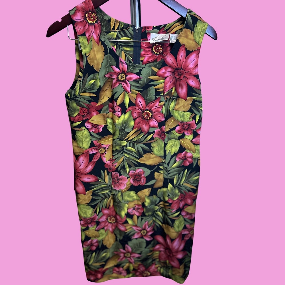 Kathie Lee Dress Womens 6 Black Tropical Floral Sleeveless Sheath Boho Red Green